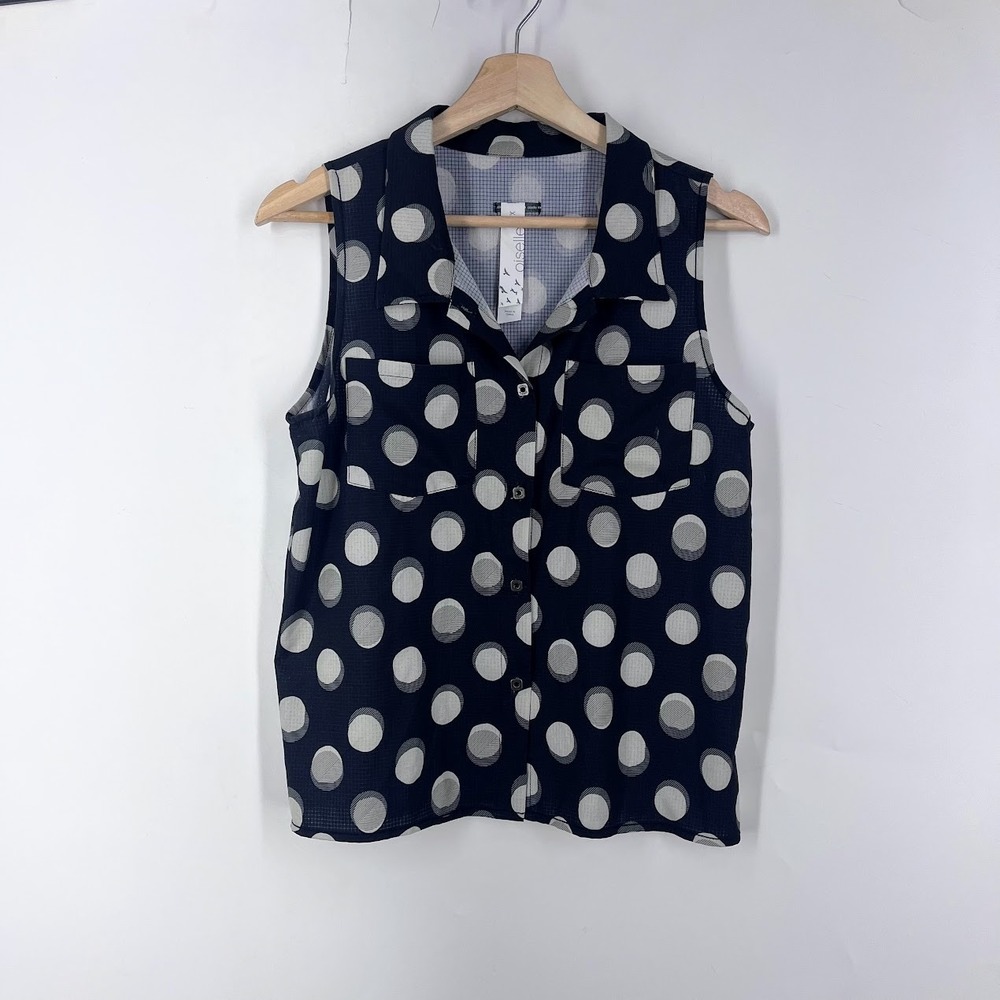 Oiselle Womens Navy Blue Polka Dot Sleeveless Button Down Shirt Top Size 4